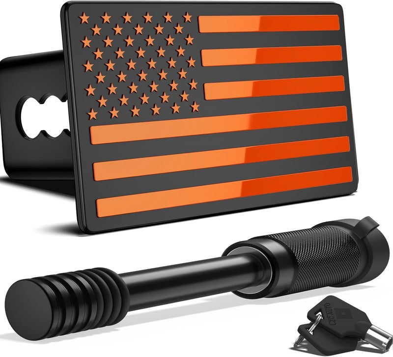 OGYE 2 Inch Trailer Hitch Cover with American Flag, Heavy Metal Trailer Hitch Cover Fit for 2 Inch Hitch Receivers (with 5/8" Pin Dia Anti-Theft Trailer Hitch Lock),3 * 5" Orange - Image 1